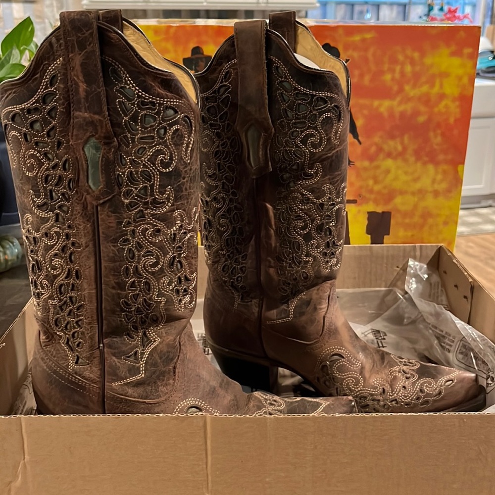 Corral boots, dark brown and turquoise. Worn one day, my wedding!